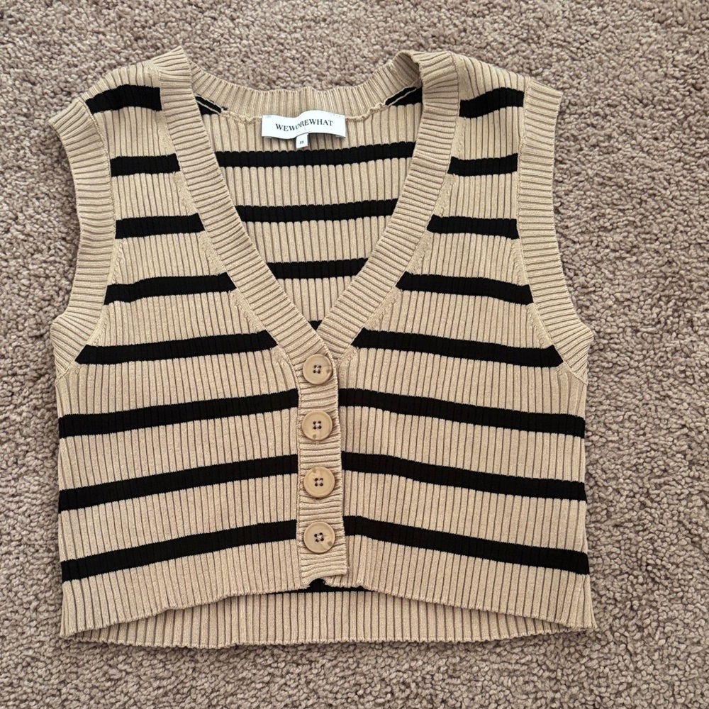 We Wore What Beige and Black Striped Knit Vest